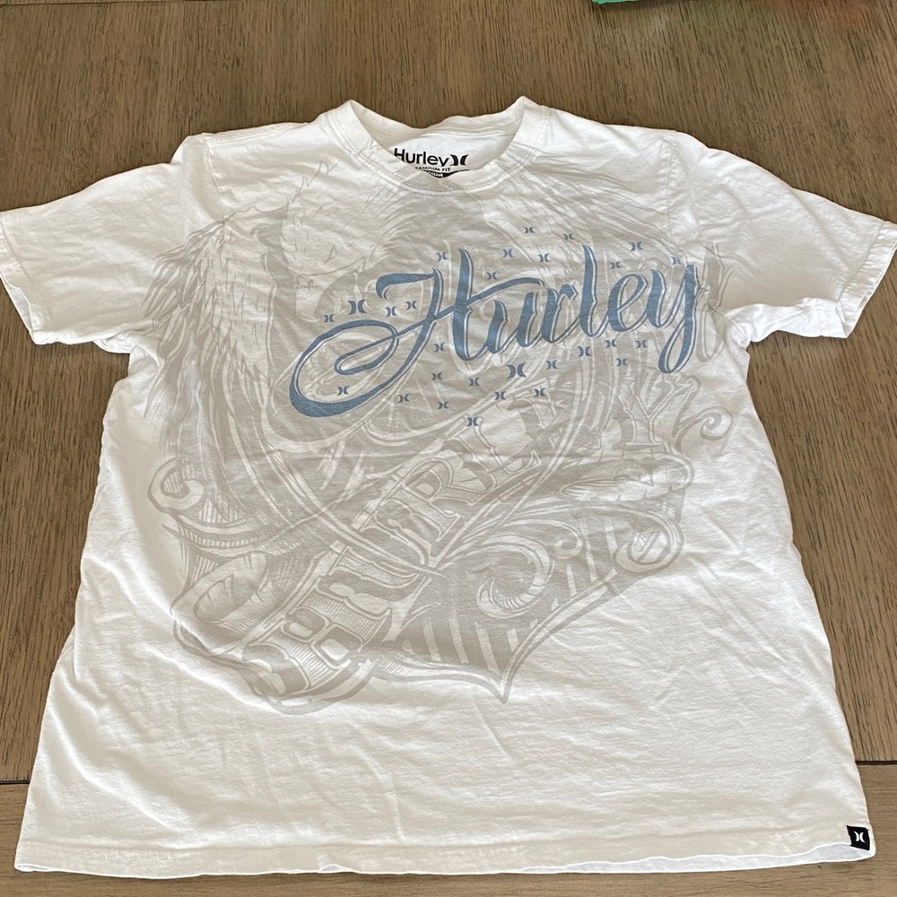 Hurley White Tee with Blue Script Design possibly vintage Y2K